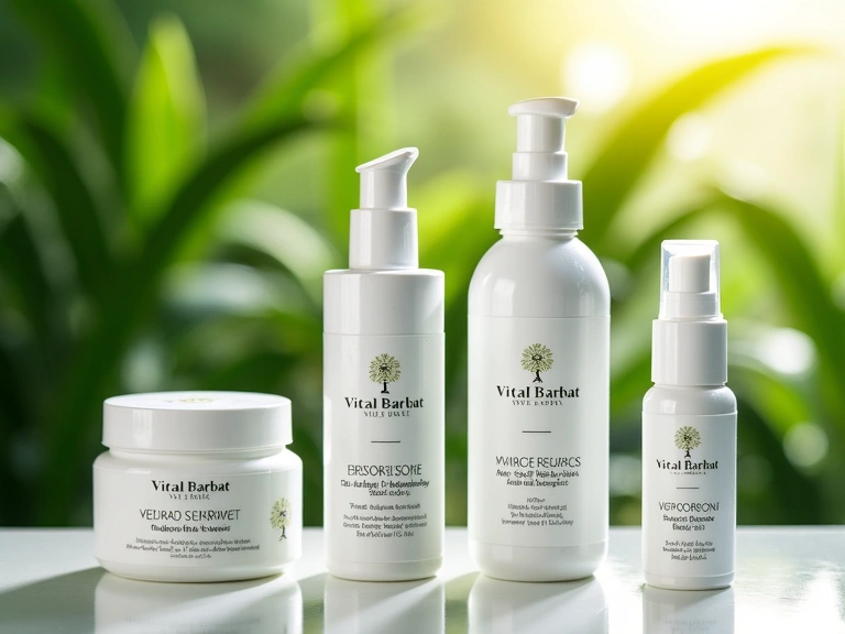 Produse Vitalbarbatcz aranjate estetic cu frunze verzi în fundal