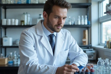 Cercetător într-un laborator modern, examinând eprubete, simbolizând rigoarea științifică.