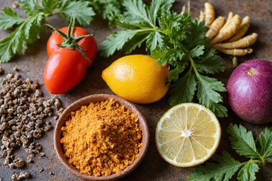 Plante medicinale proaspete, culese, aranjate estetic, reprezentând ingrediente naturale.