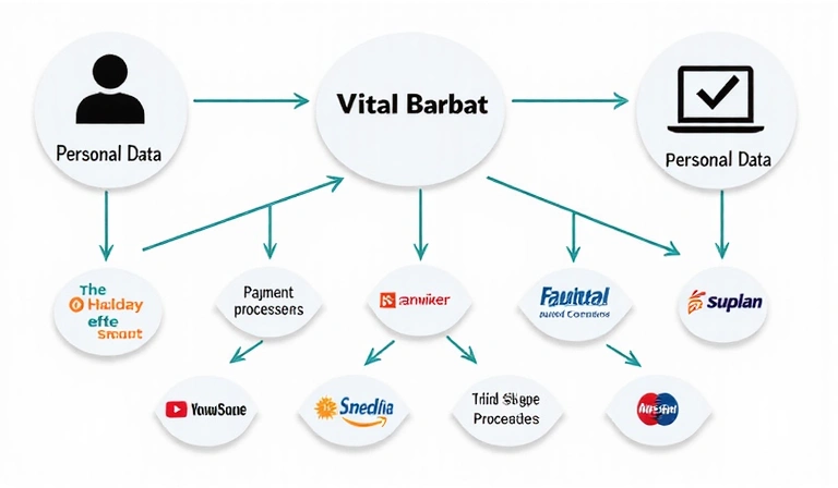 Diagramă cu date personale care se deplasează între utilizator, Vital Barbat și furnizori de servicii terți, ilustrând fluxul de date