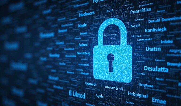 Ilustrație cu date personale înconjurând un lacăt, simbolizând securitatea informațiilor